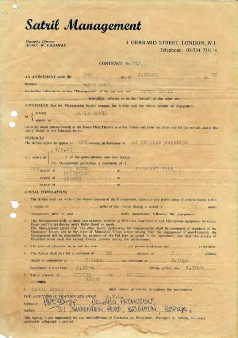 Contract for David Bowie's show at Brighton Dome, 14 February 1972