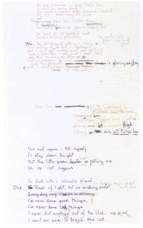 David Bowie's handwritten lyrics for Ashes To Ashes