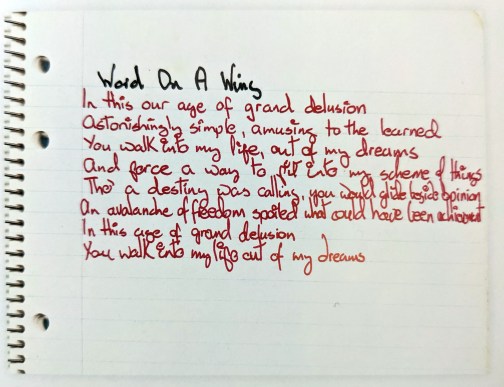 David Bowie's handwritten lyrics for Word On A Wing