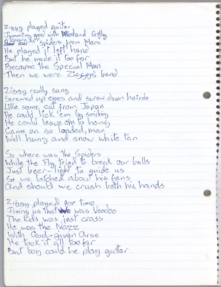 David Bowie’s handwritten lyrics for 'Ziggy Stardust'